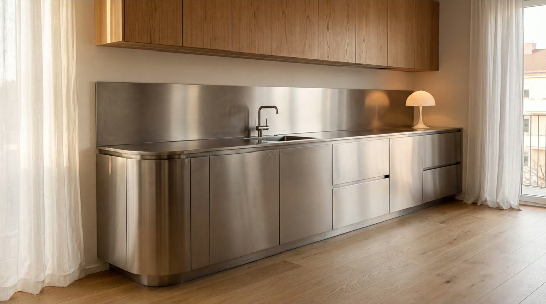 Cocina con gabinetes de frente en acero inoxidable y módulos superiores en madera, fabricada por W Chaput Studio.