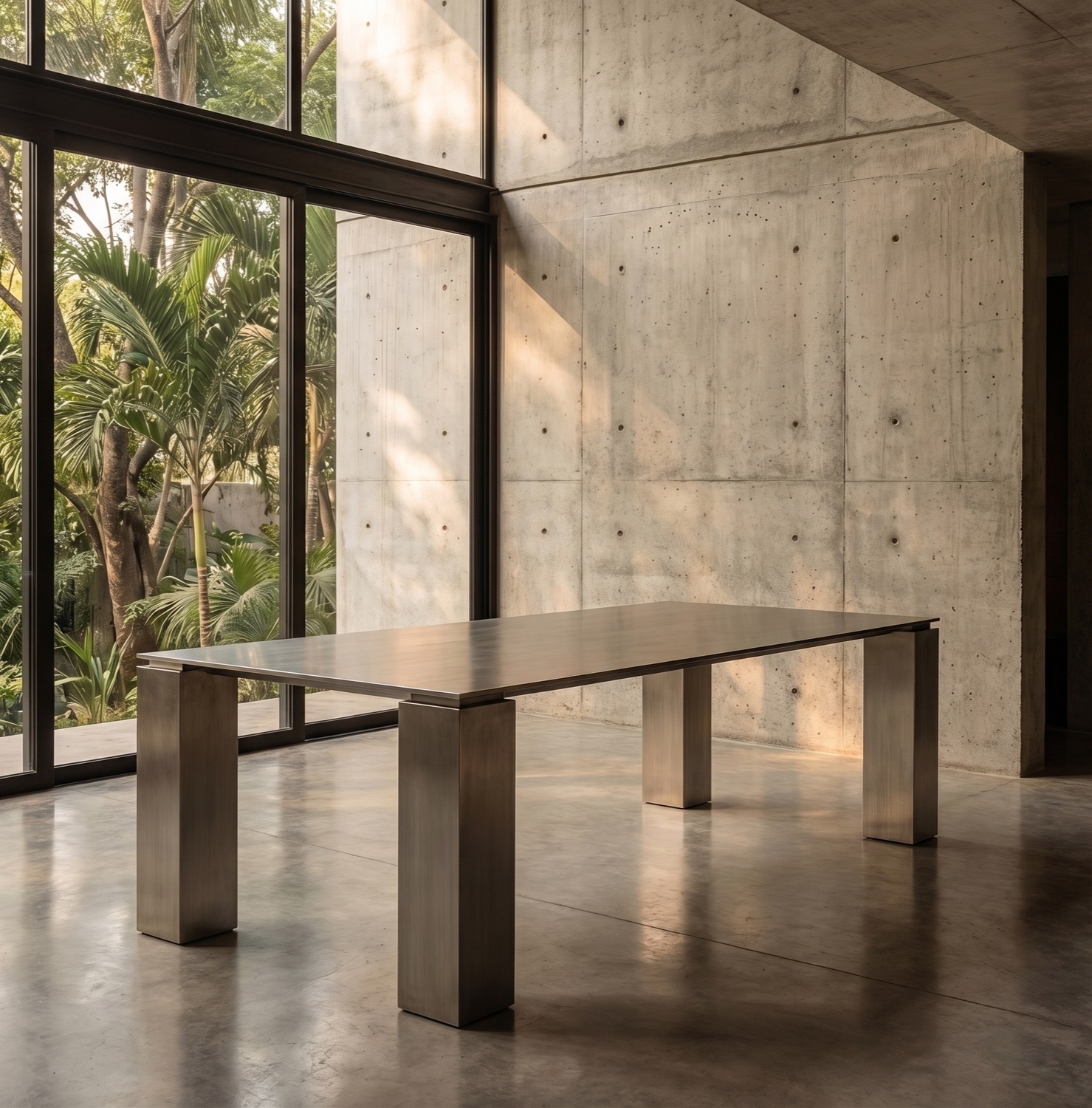 Monolith Dining Table en acero inoxidable y piedra volcánica.