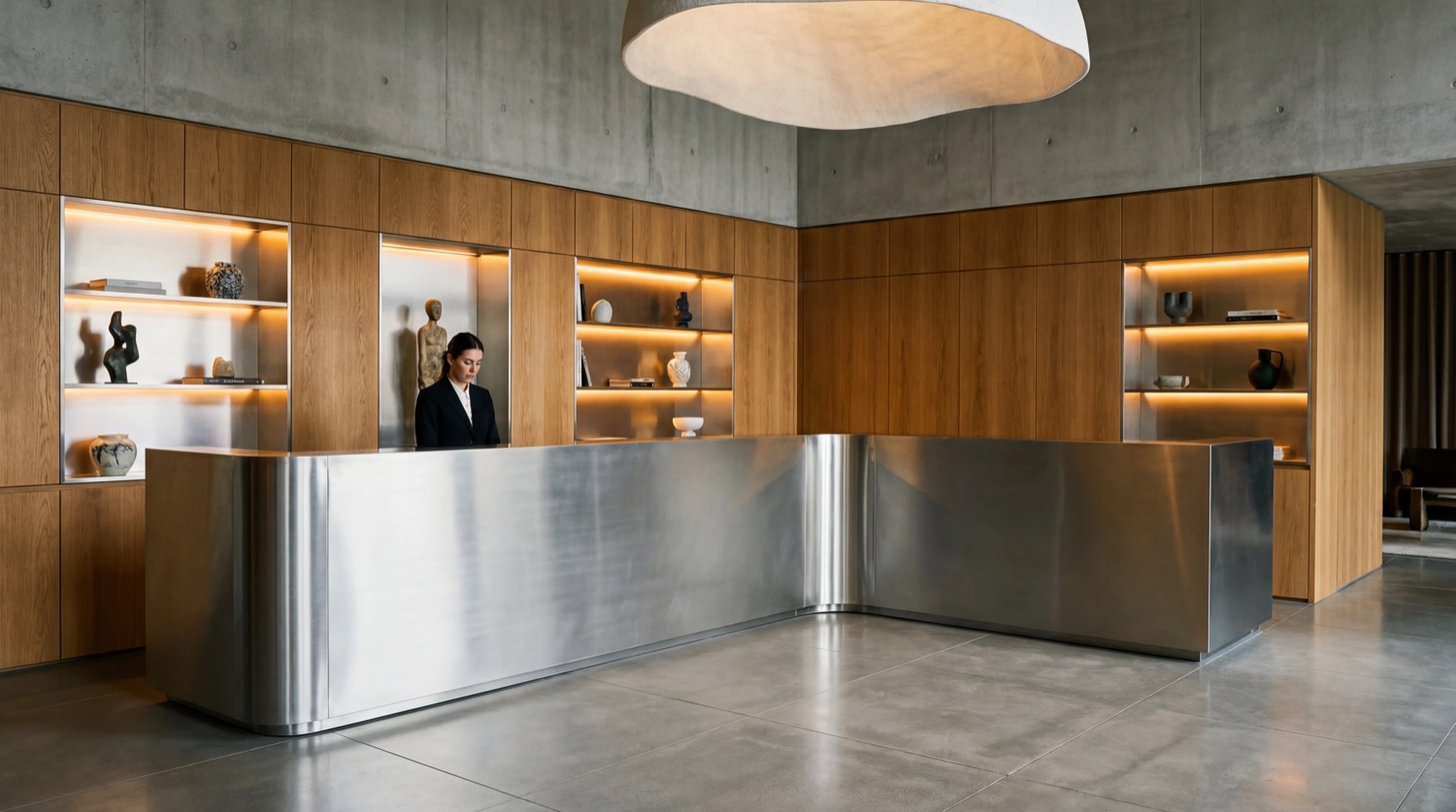Mostrador de recepción de hospitalidad en metal y madera.
