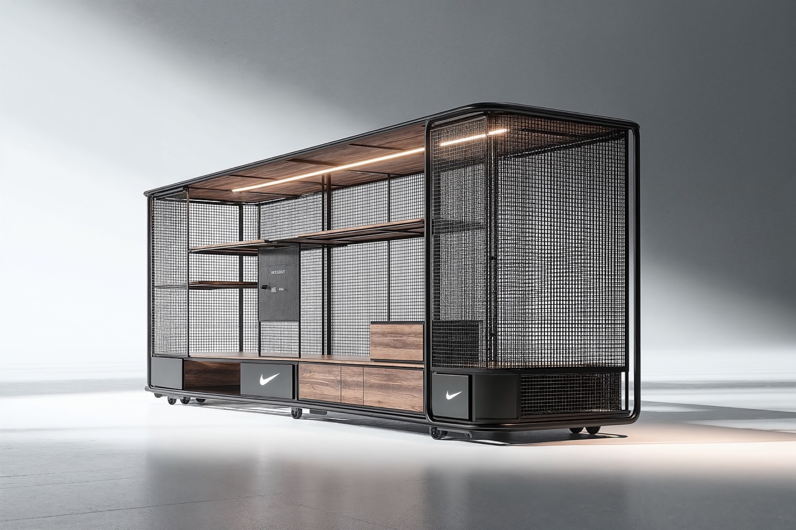Concepto de fixture modular Nike 2027 Vision en acero inoxidable oscuro cepillado y madera.